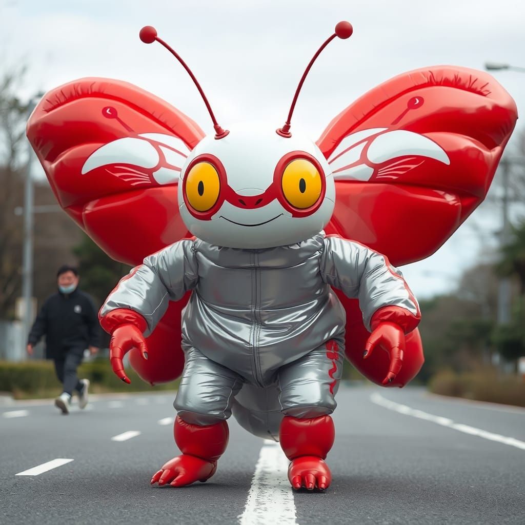 Giant Insect in Silver Suit on Japanese Road