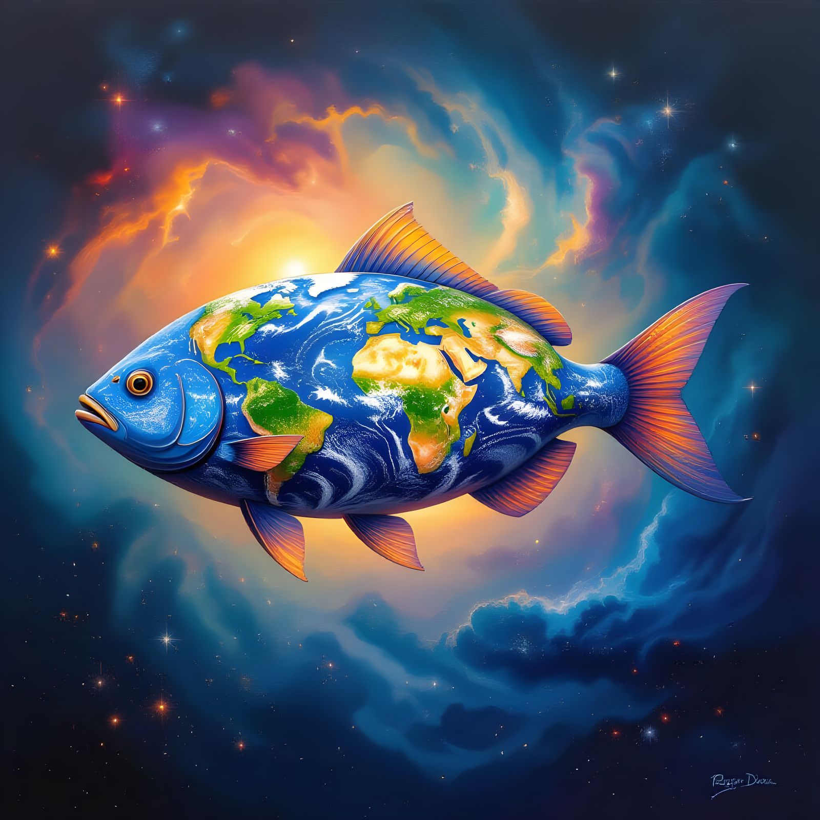 Earth as a Majestic Fish in Cosmic Nebula
