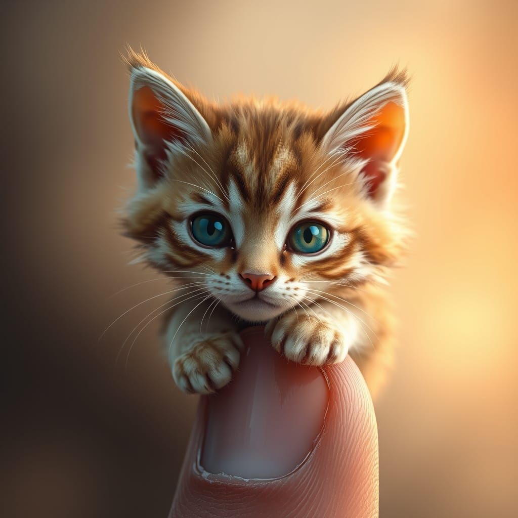 Tiny Whimsical Cat Perched on Human Finger in Dreamlike Styl...