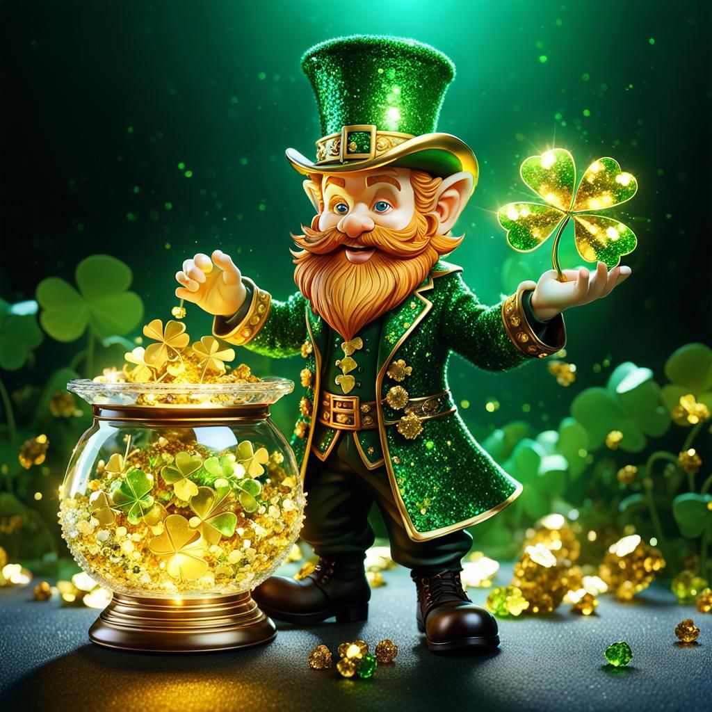 Mischievous Crystal Leprechaun with Golden Clovers