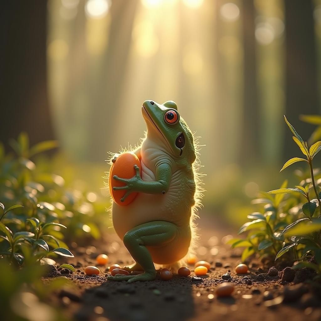 Vibrant Green Frog Laying Eggs in Mystical Realm