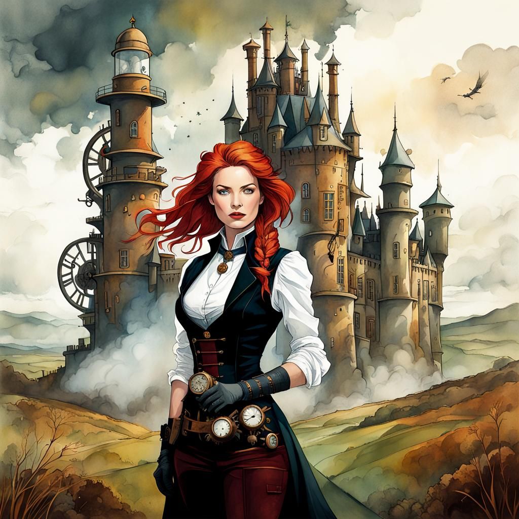 Red-Haired Scientist in Steampunk Time Machine Art