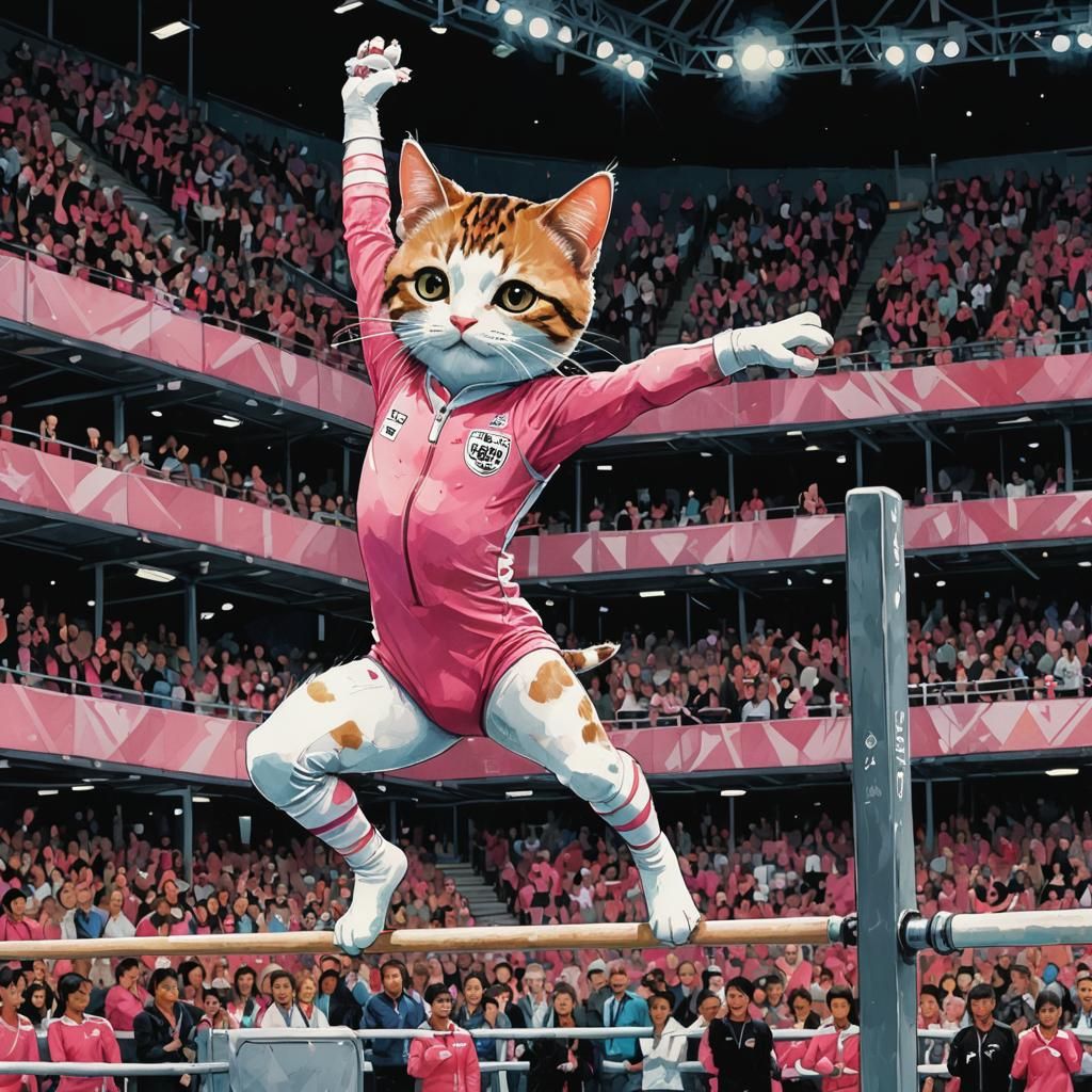 Acrobatic Cat Performs on Uneven Bars in Sumi-e Style