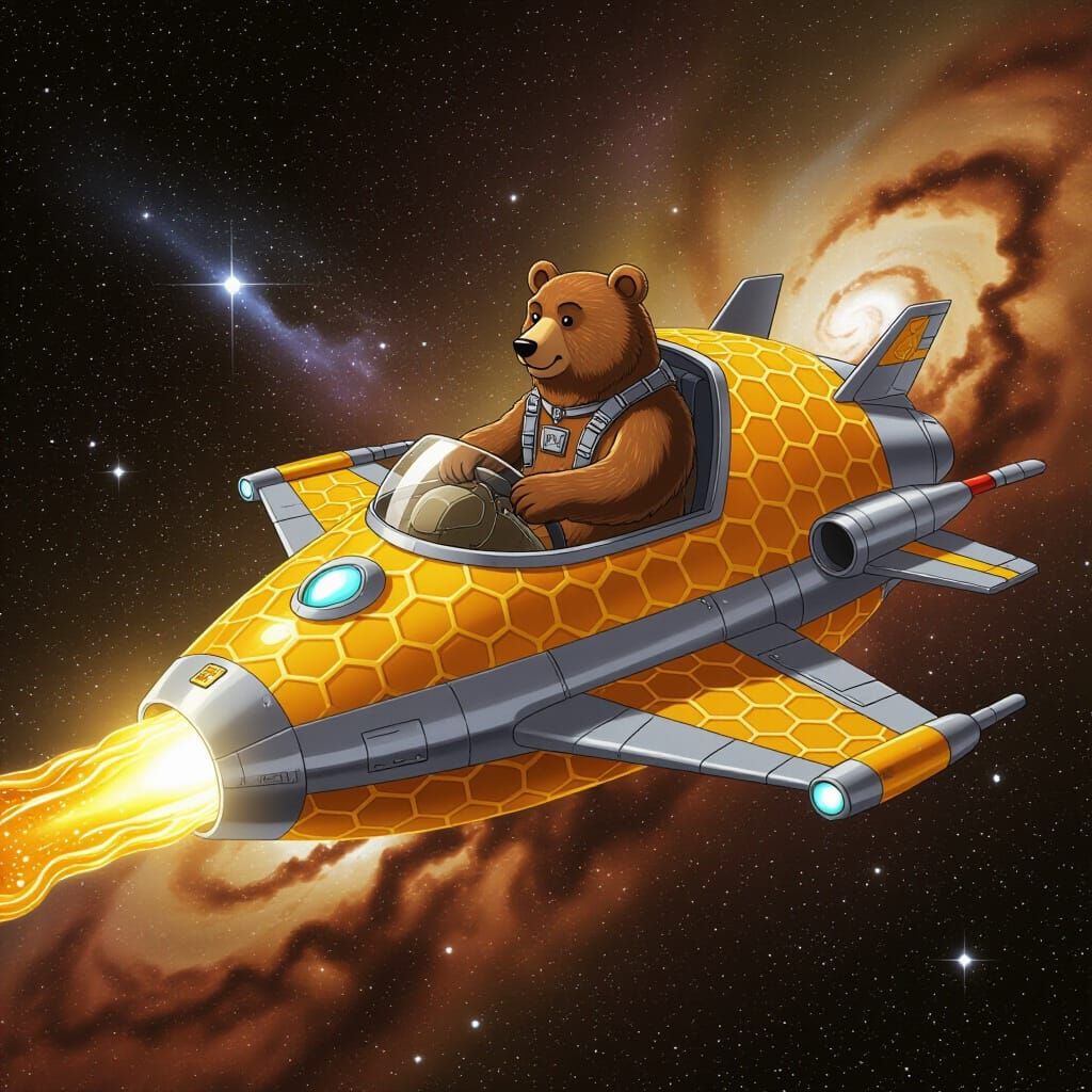 Cosmic Bear Pilots Honeycomb Spaceship Through Starry Trails
