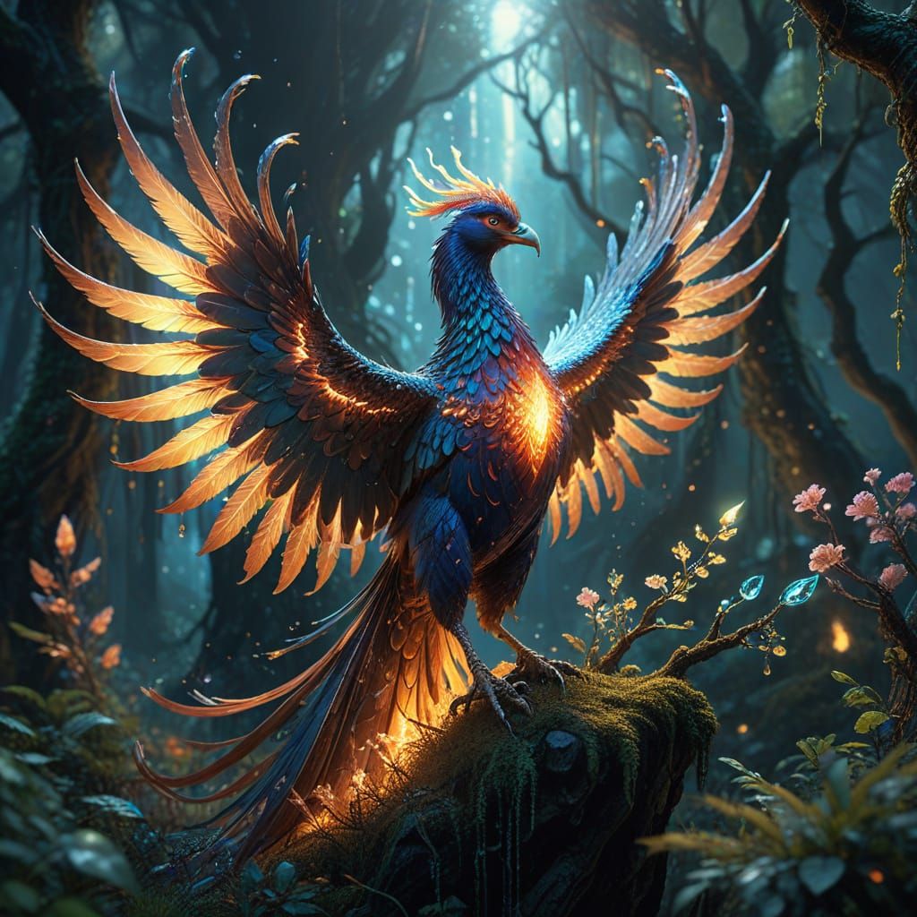 Majestic Phoenix on Crystal Branch in Enchanted Glade