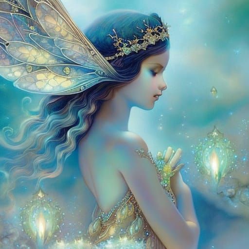 Moon Fairies Embrace in Gilded Storybook Illustration