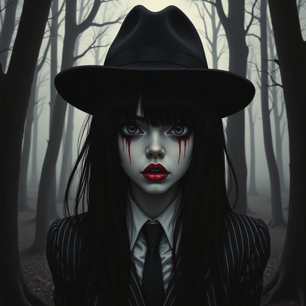 Goth Woman in Dark Forest: Analog Horror Glitchcore