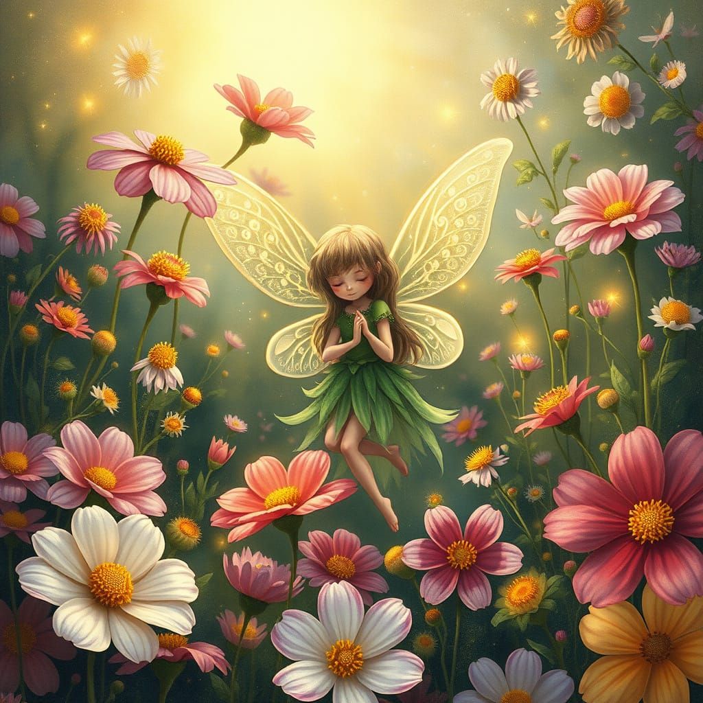 Whimsical Fairy in a Delicate, Dreamy Garden