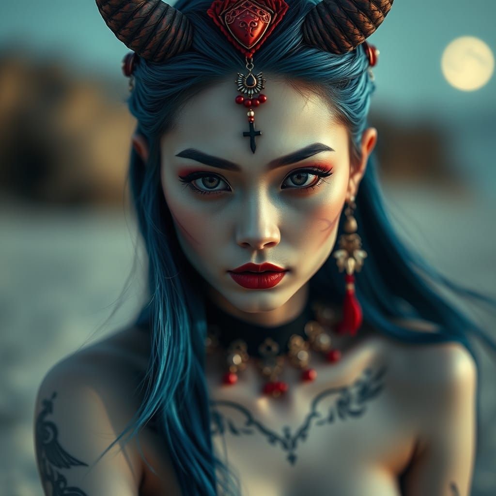 Chinese Devil Woman on Beach Portrait