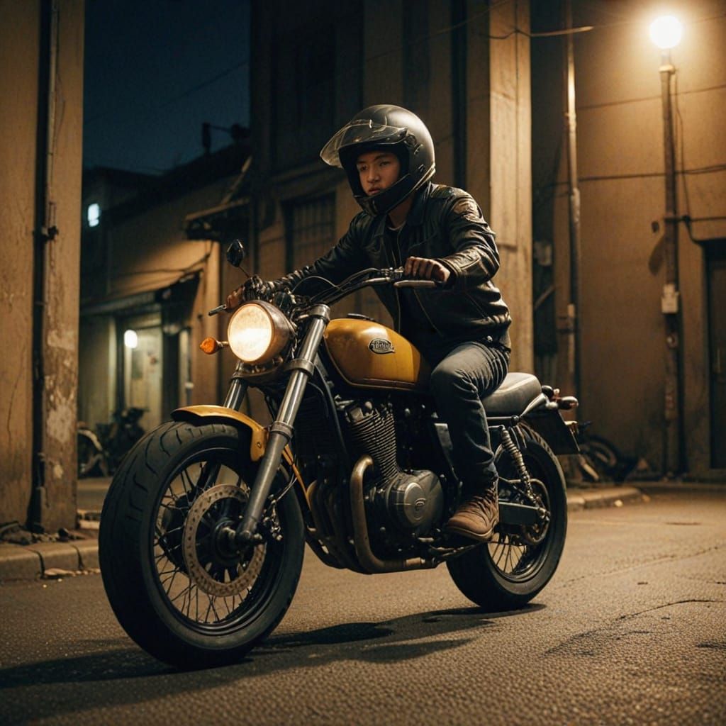 Boy Riding Motorcycle in Cinematic Film Style