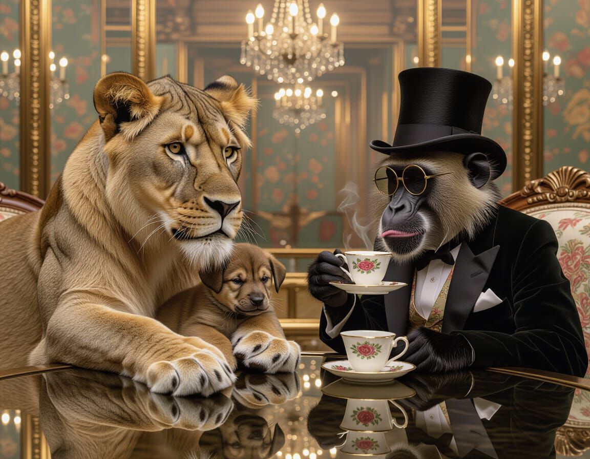 Lioness Grooming Puppy in Lavish Room, Hyperrealistic