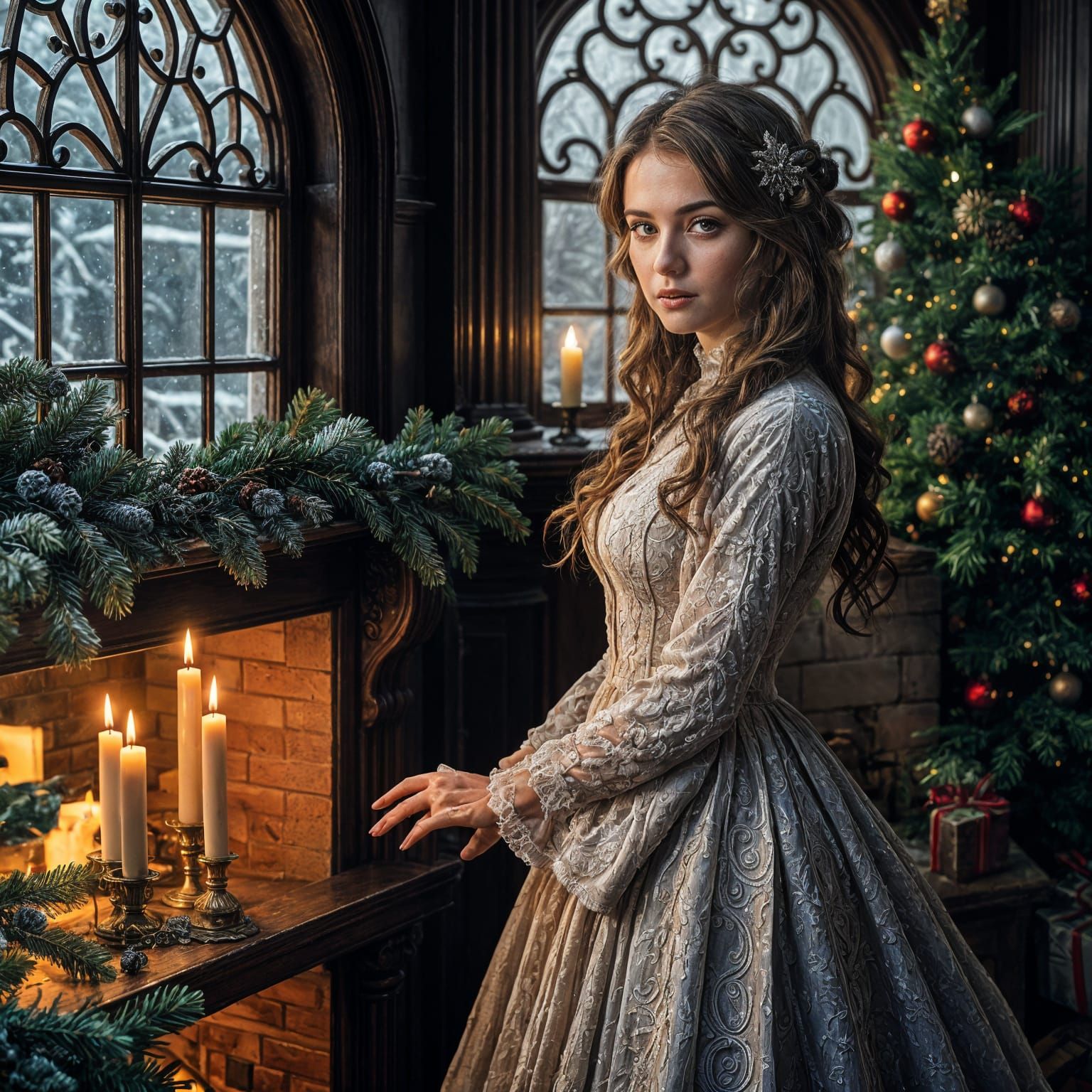 Beautiful Victorian Woman Decorating Christmas Tree by Firel...