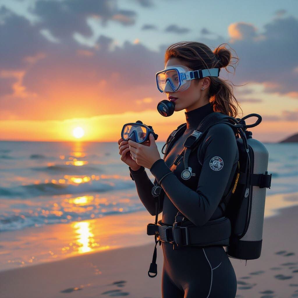 Scuba Diver on Beach at Sunset in Impressionist Style