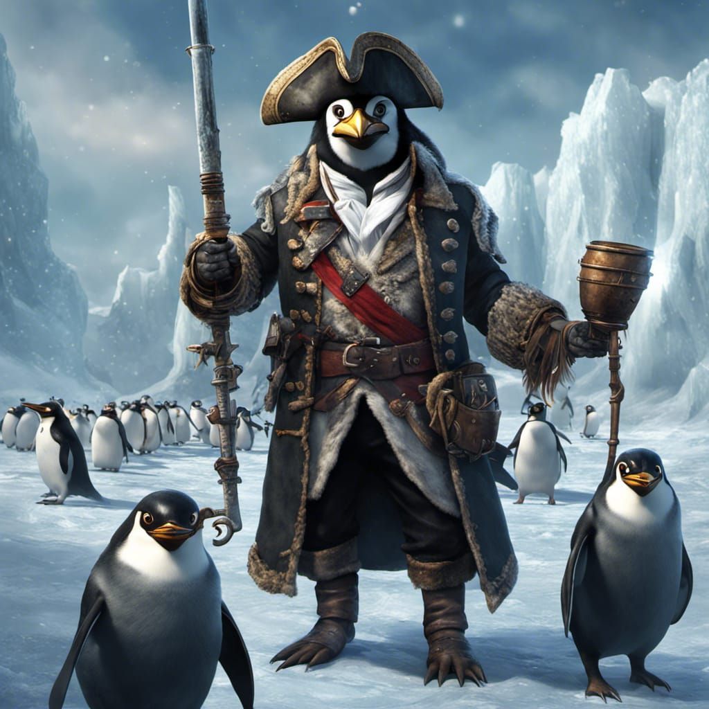 Pirate Penguin Leads Crew in Dark Fantasy Art