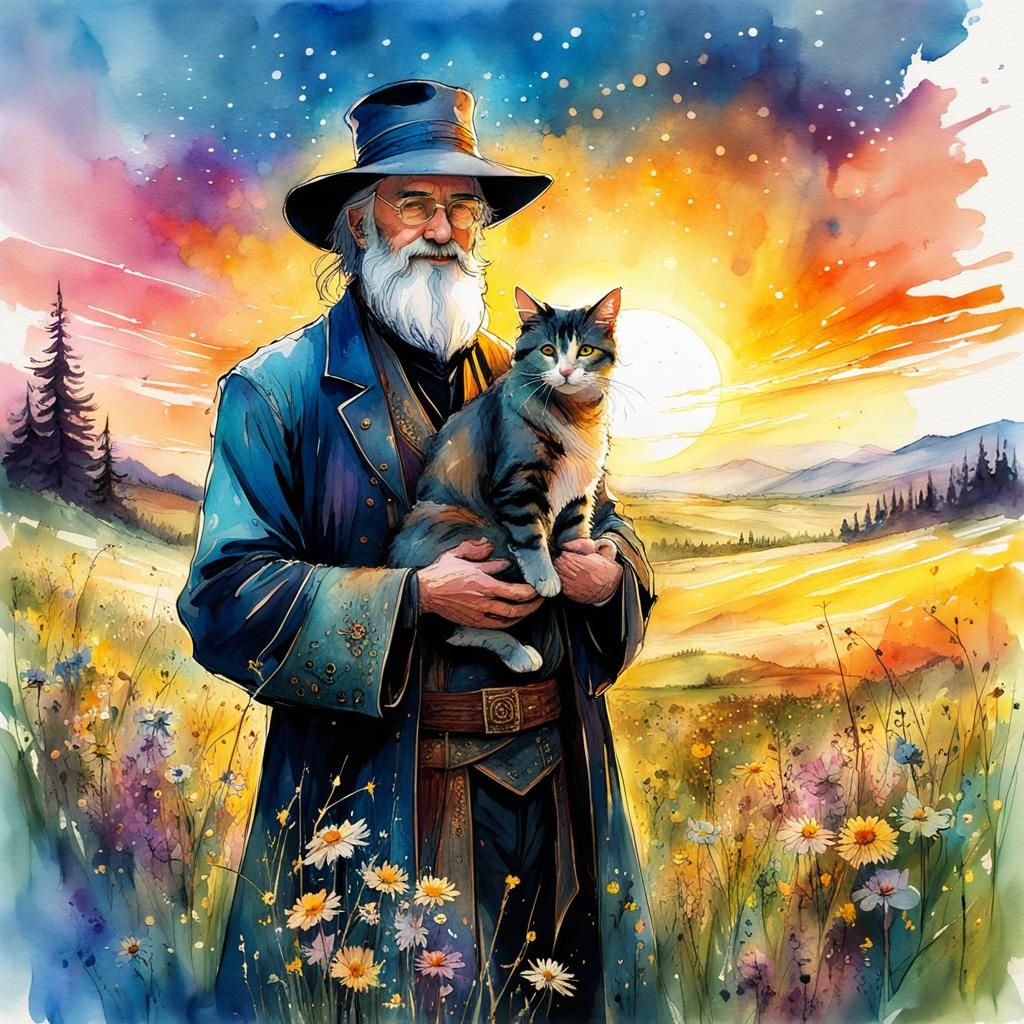 Watercolor Portrait: Man with Cat in Fantasy Meadow
