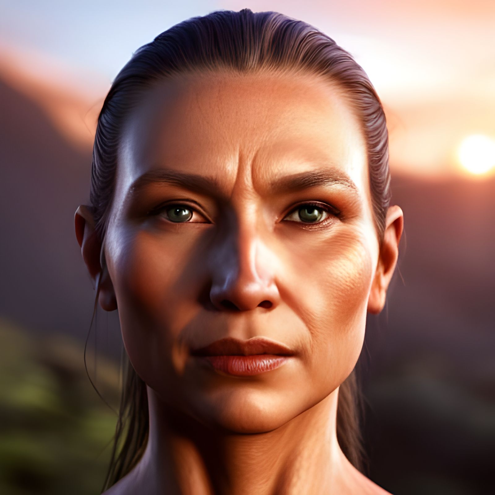 closeup of a beautiful neolithic woman looking directly at me