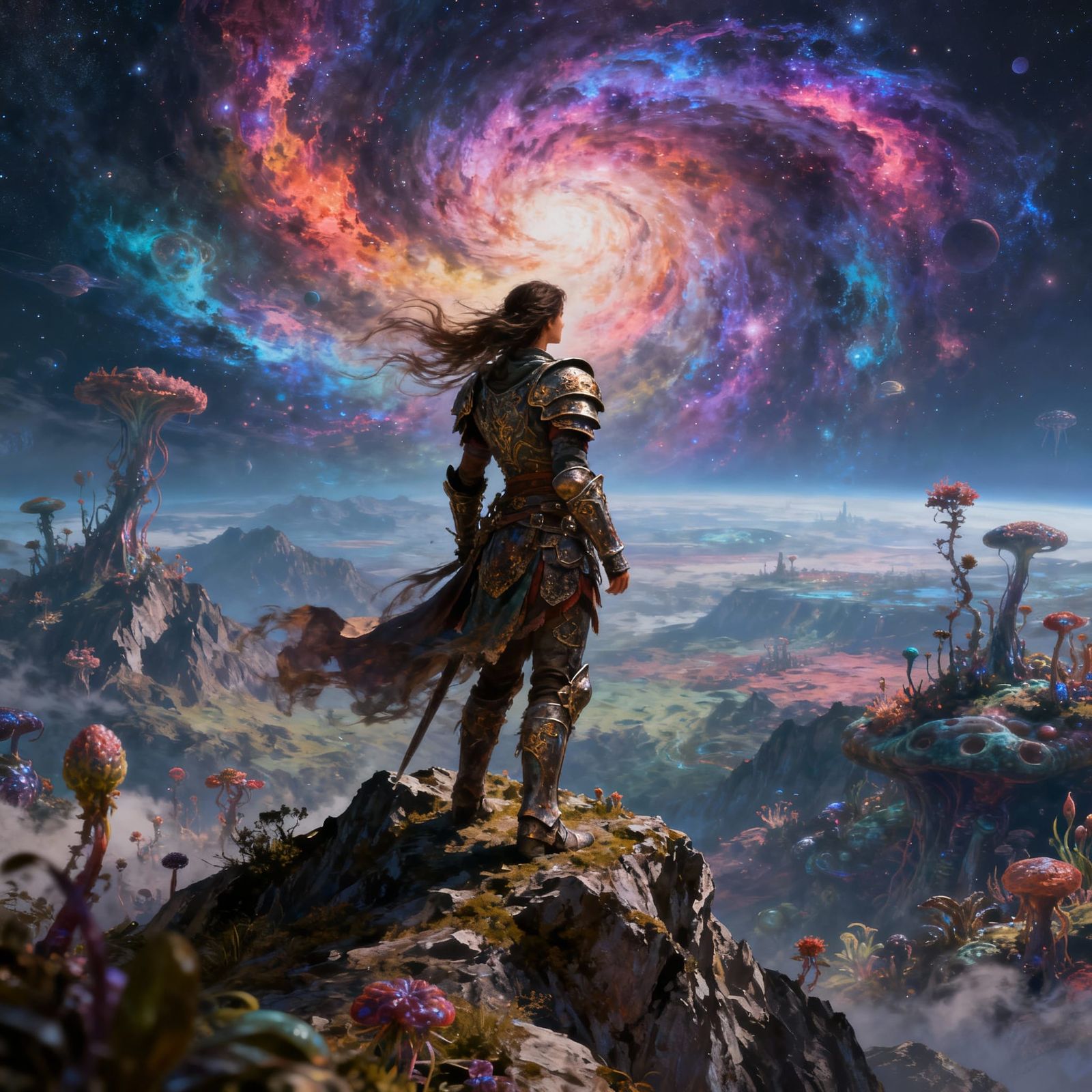 A lone warrior lady, clad in ornate, battle-worn armor, stands on a windswept mountain peak, gazing at a vast, alien lan...