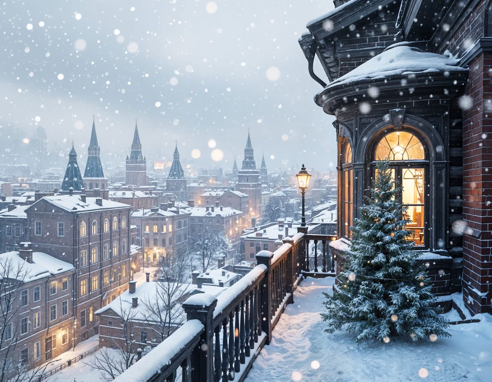 Snowy Russian District Panorama in Sfumato Watercolor Style