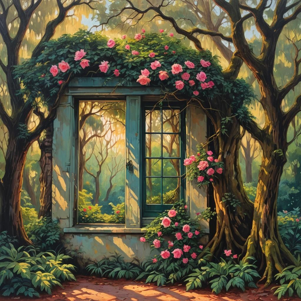 Neo-Impressionist Painting: Spanish Moss and Rose of Sharon