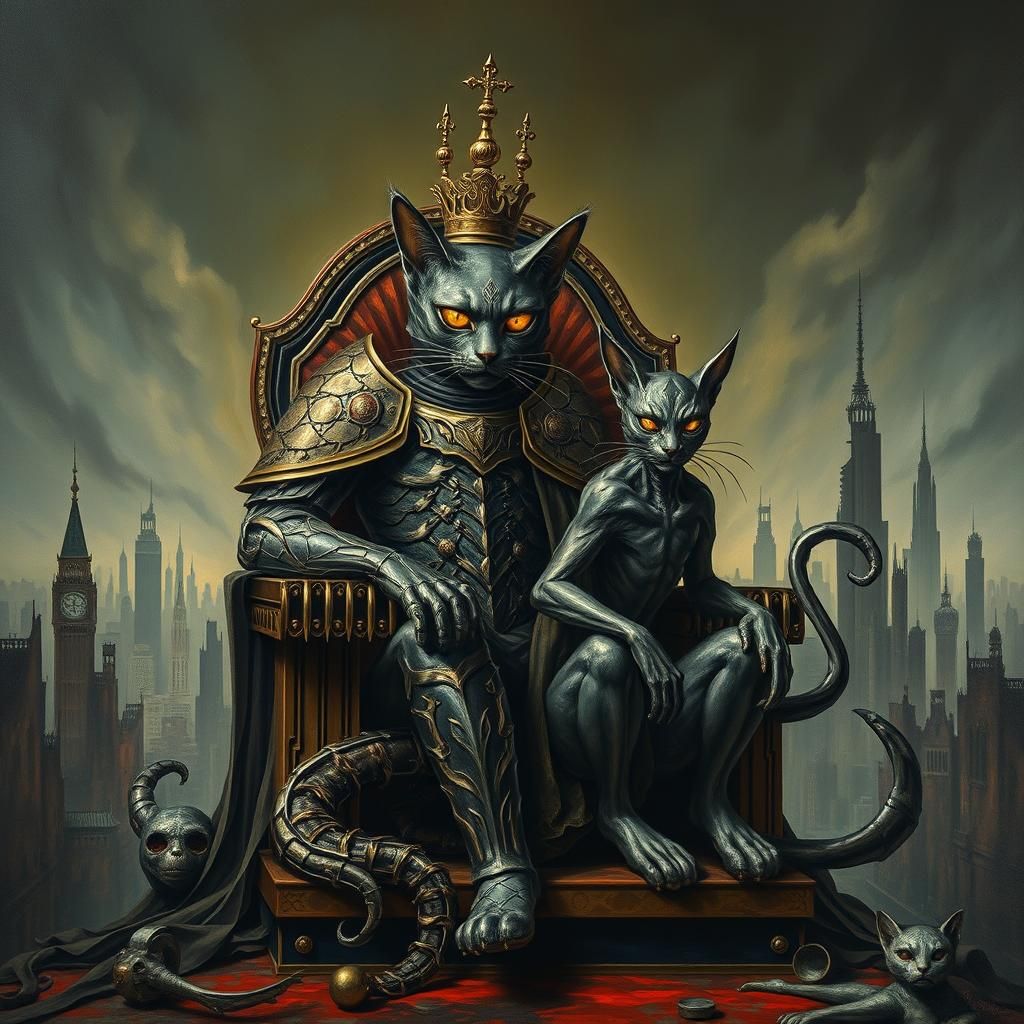 Armored Cats on Dystopian Throne, Art Deco Style