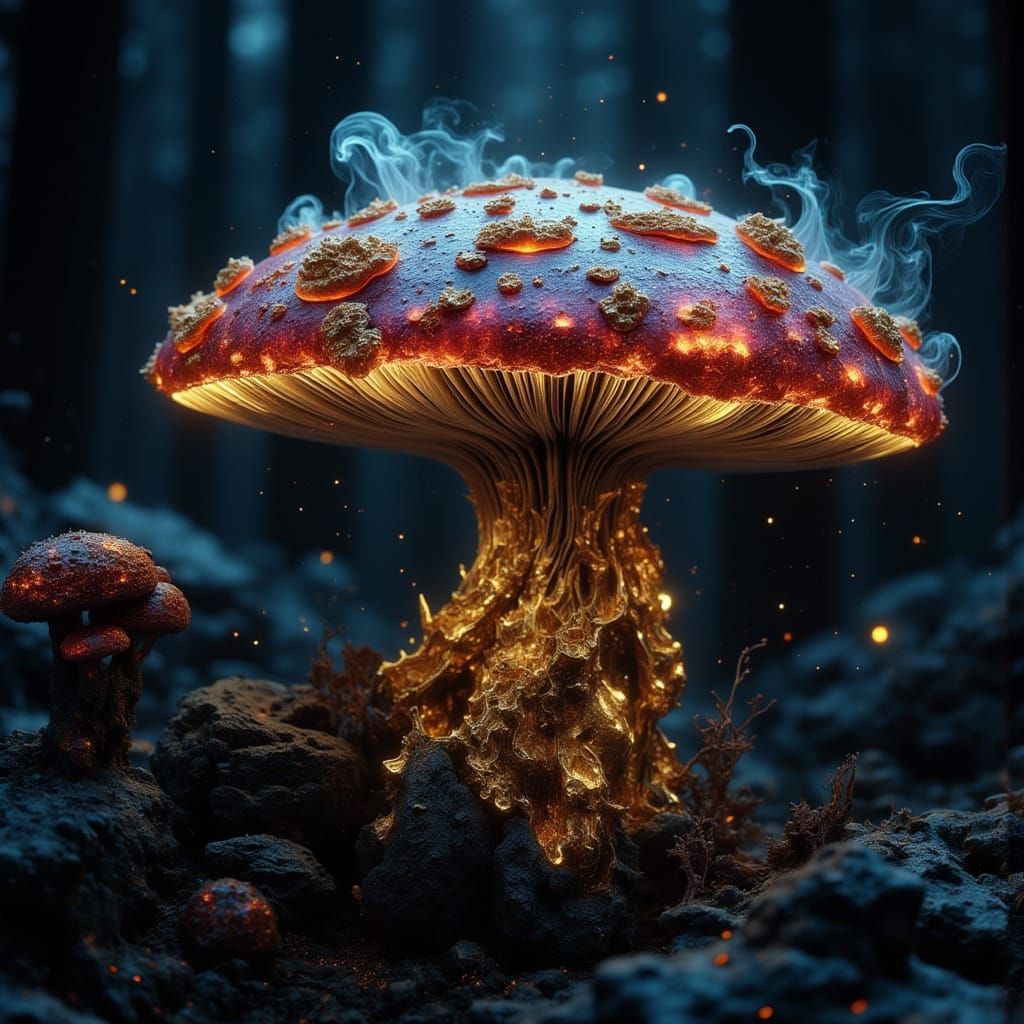 Majestic Golden Mushroom Unveiled in Dark Forest