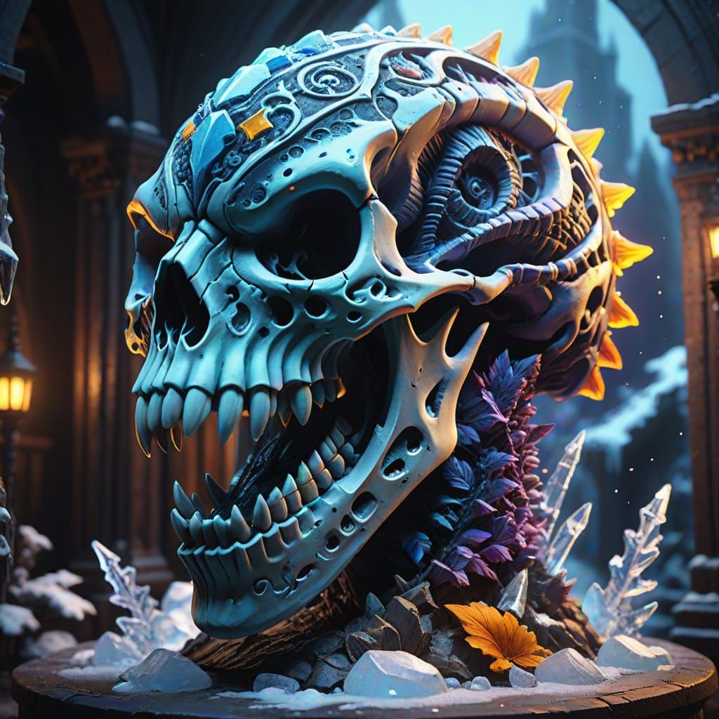 Frozen Jurassic Raptor Skull Ice Sculpture in Dark Fantasy S...