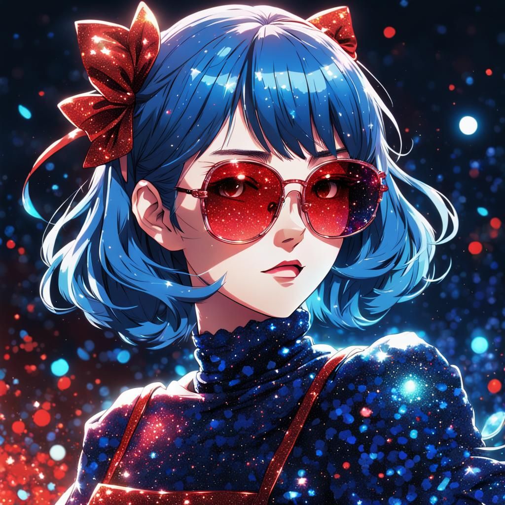 Anime Girl with Glitter Shades in Cel-Shaded Style
