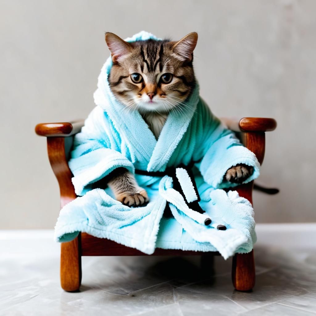 Cute Kitten Freezing in Bathrobe, Digital Art