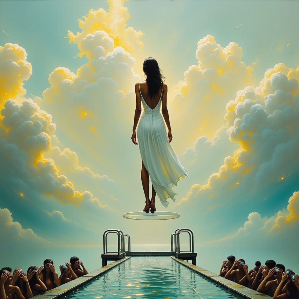 Woman on Diving Board Among Clouds: Surreal Art