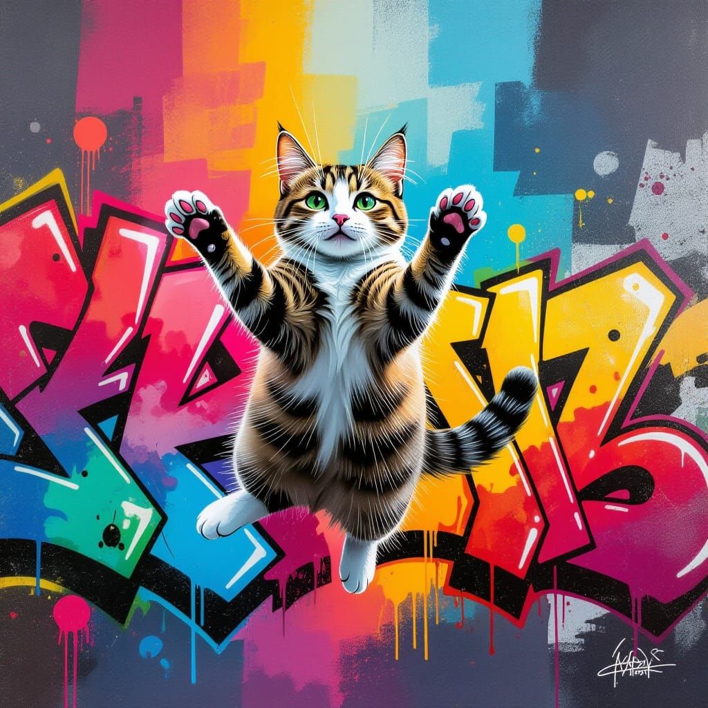 Levitating Cat in Graffiti Landscape: Digital Art