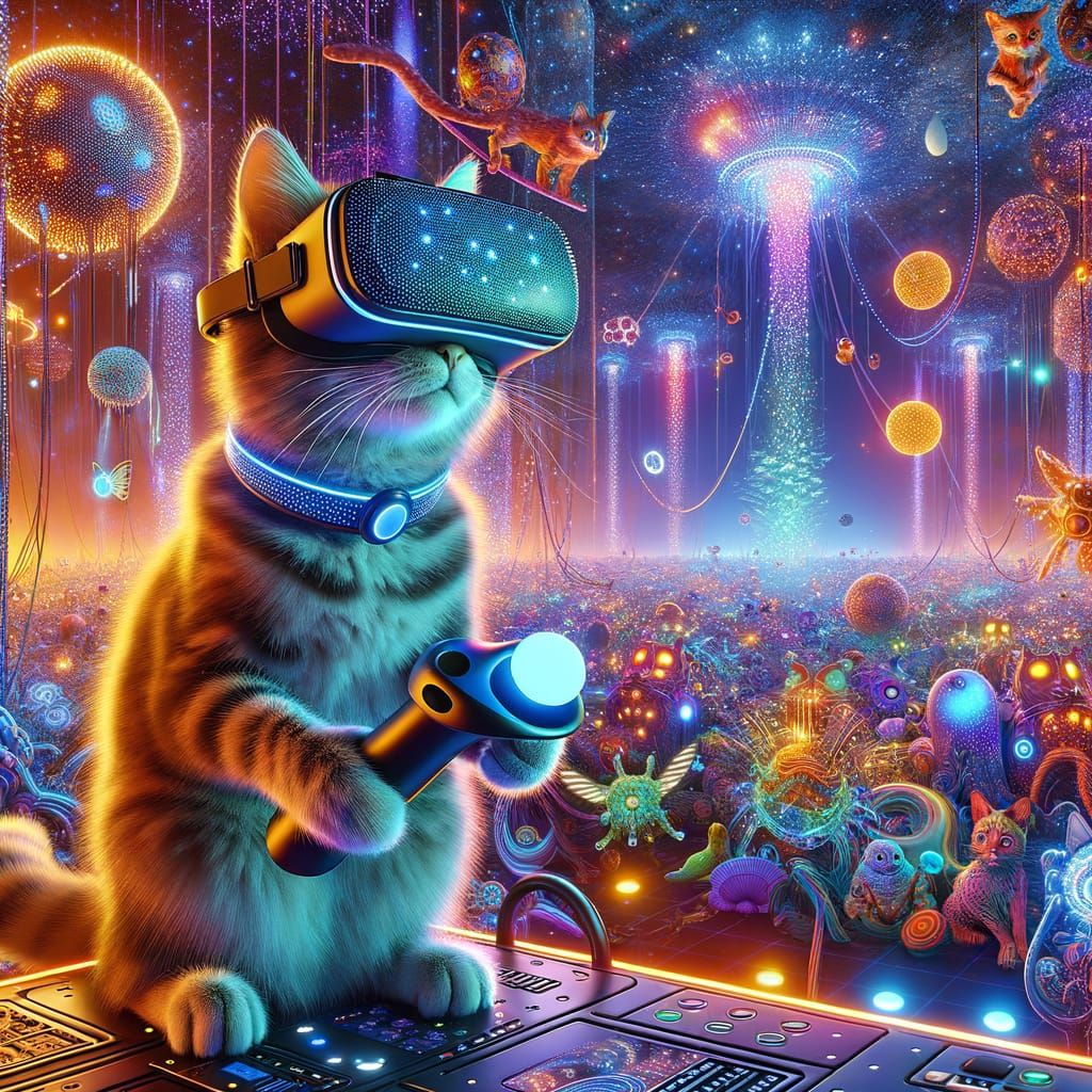Cat Immersed in Virtual Reality Gaming Universe