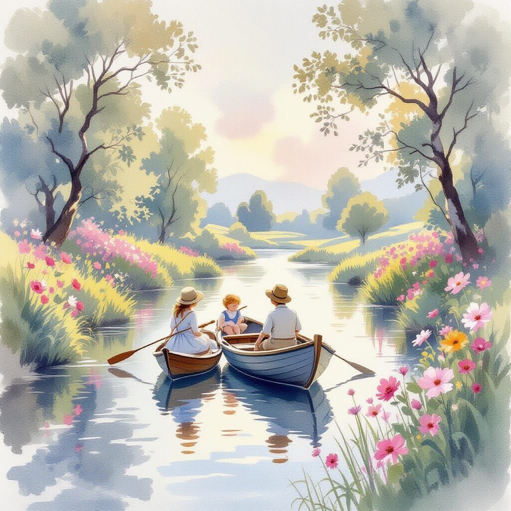 Whimsical Watercolor Landscape with Floral Accents