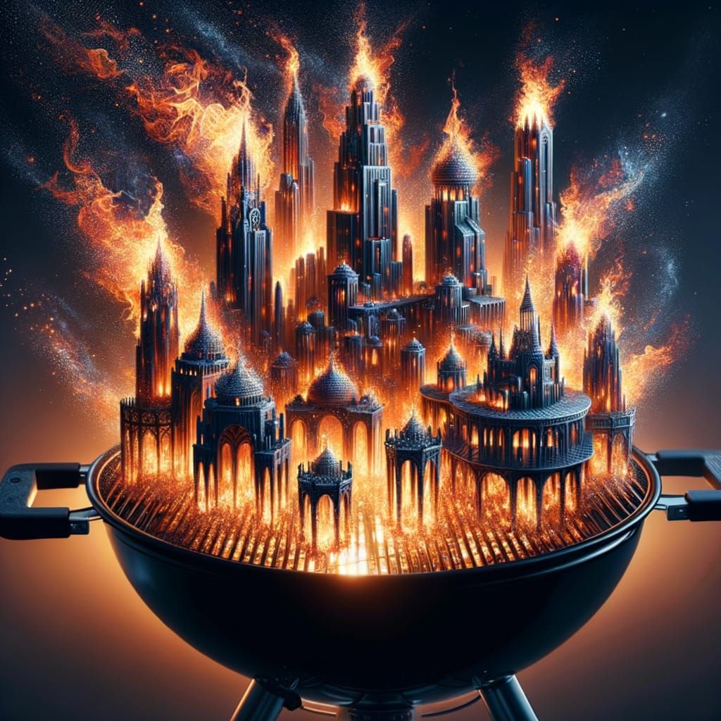 Fiery Miniature City Emerges from BBQ Grill