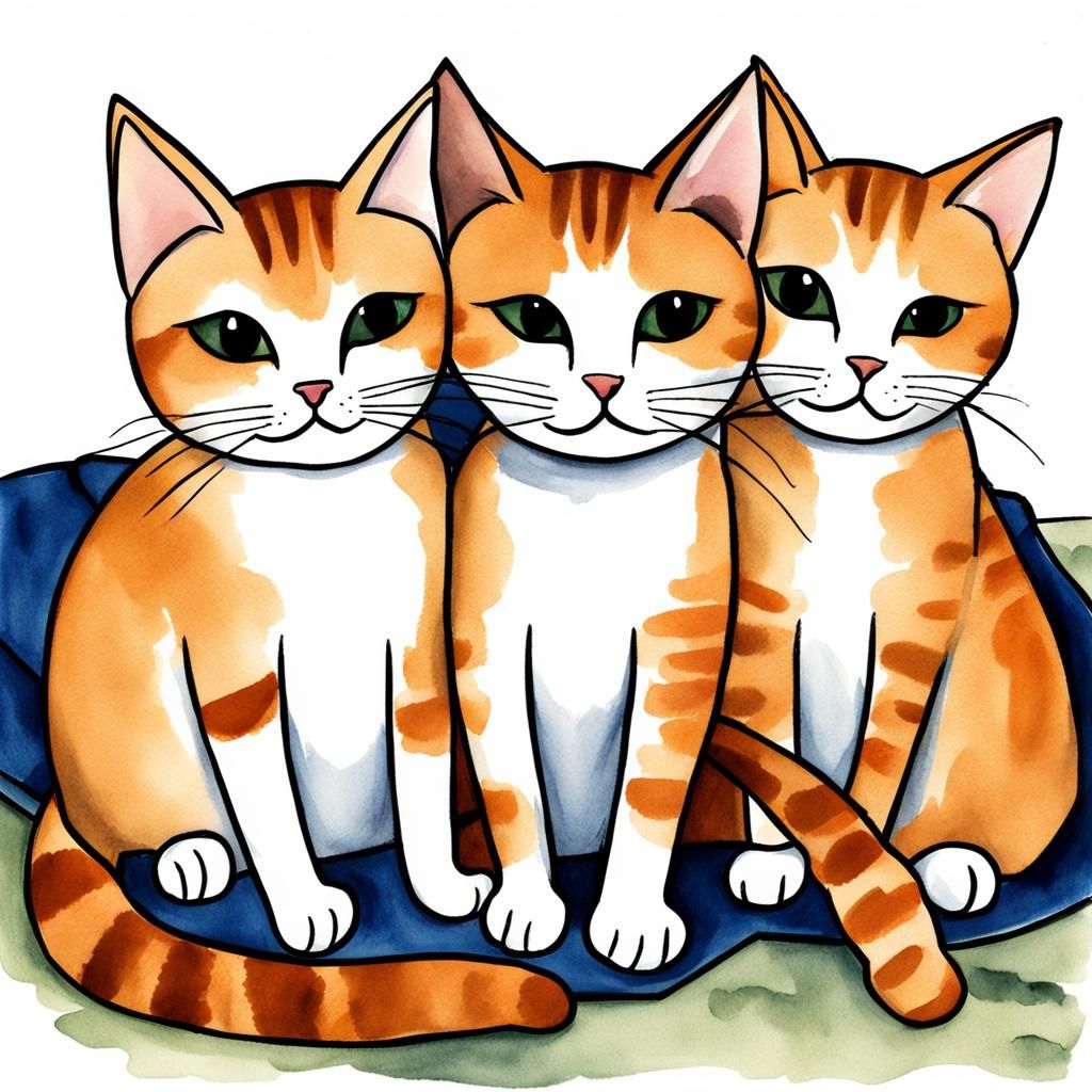 White and Brown Cats Snuggling, Minimalist Watercolor