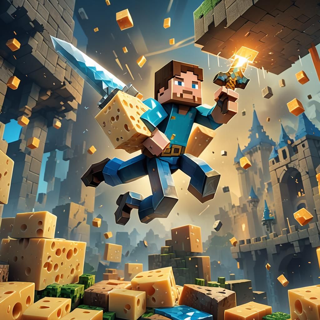 Steve Minecraft Attacks Cheese in Fantasy Art