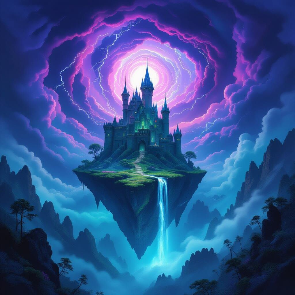 Ancient Castle on Floating Island Amidst Storm