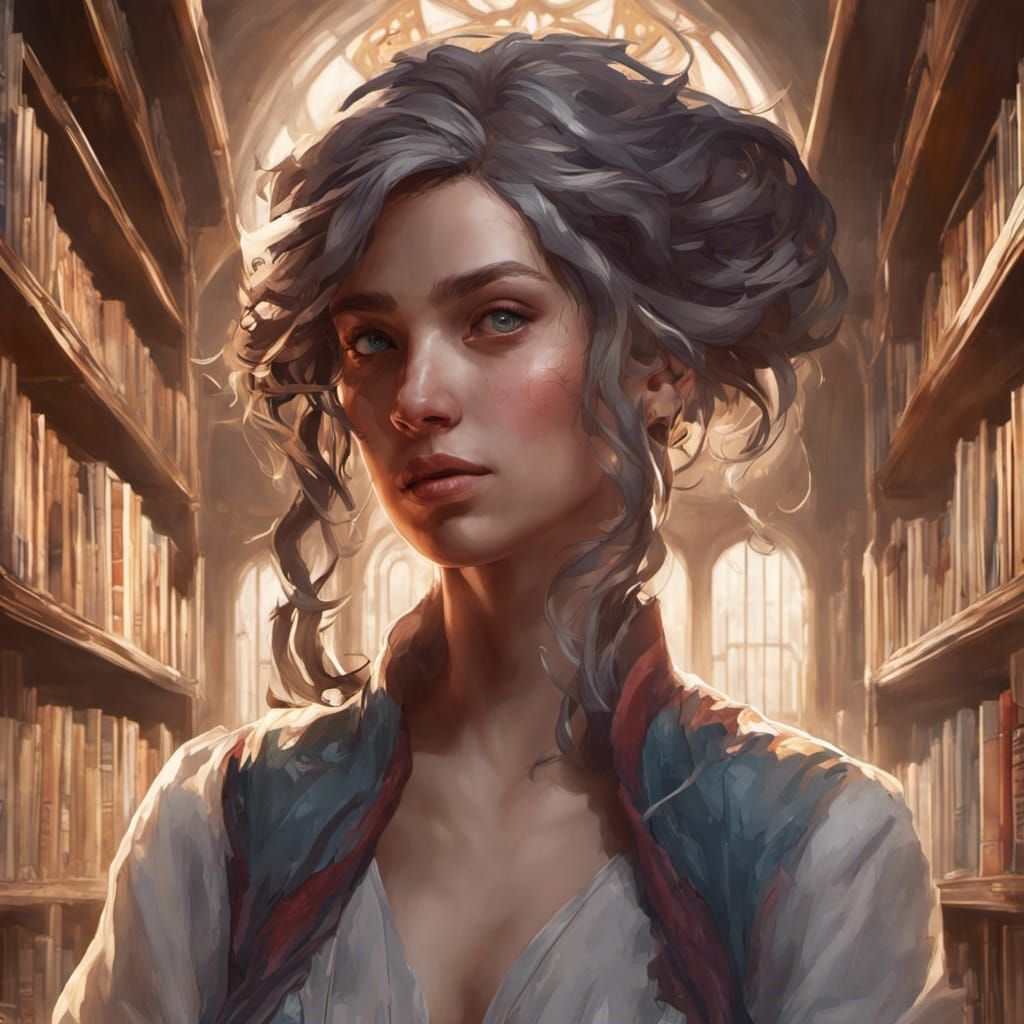 Detailed Portrait of Librarian in Art Nouveau Style