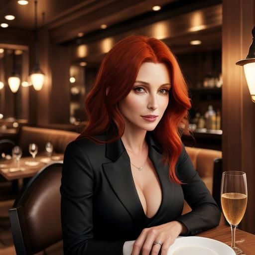 Attractive Redhead in Black Suit at Restaurant