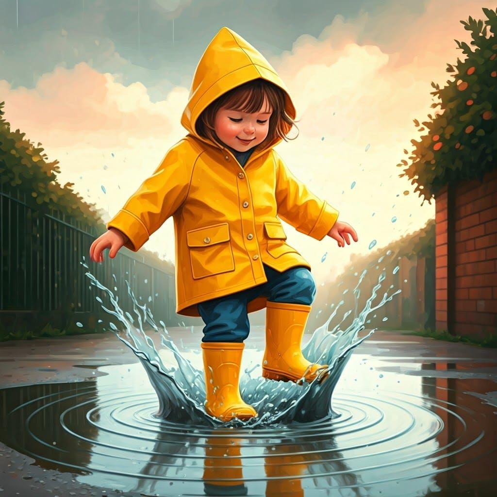 Child Splashing in Puddle: Whimsical Watercolor Art
