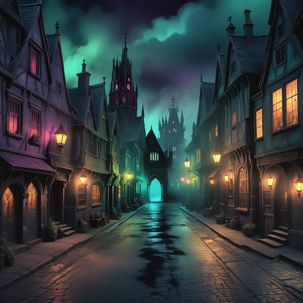 Haunted Gothic Street Scene with Glowing Ghosts