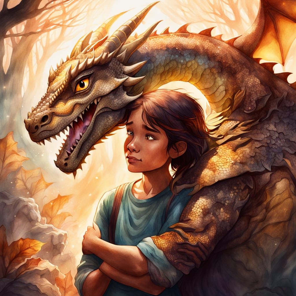 Girl Hugs Ferocious Dragon in Watercolor Storybook Style