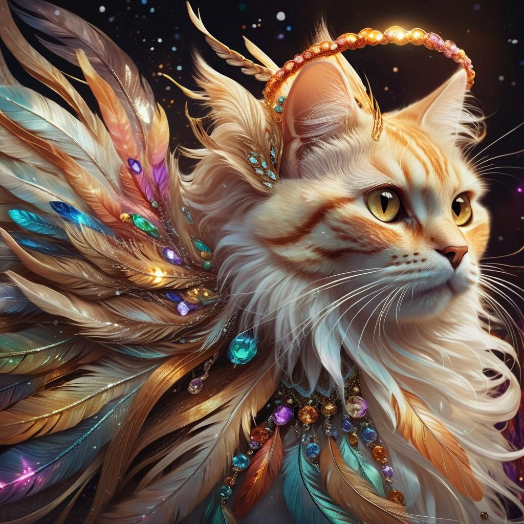 A majestic blonde tabby cat mermaid angel, dark brown eyes, iridescent, swirling feathers in shades of pearl, beige, and...