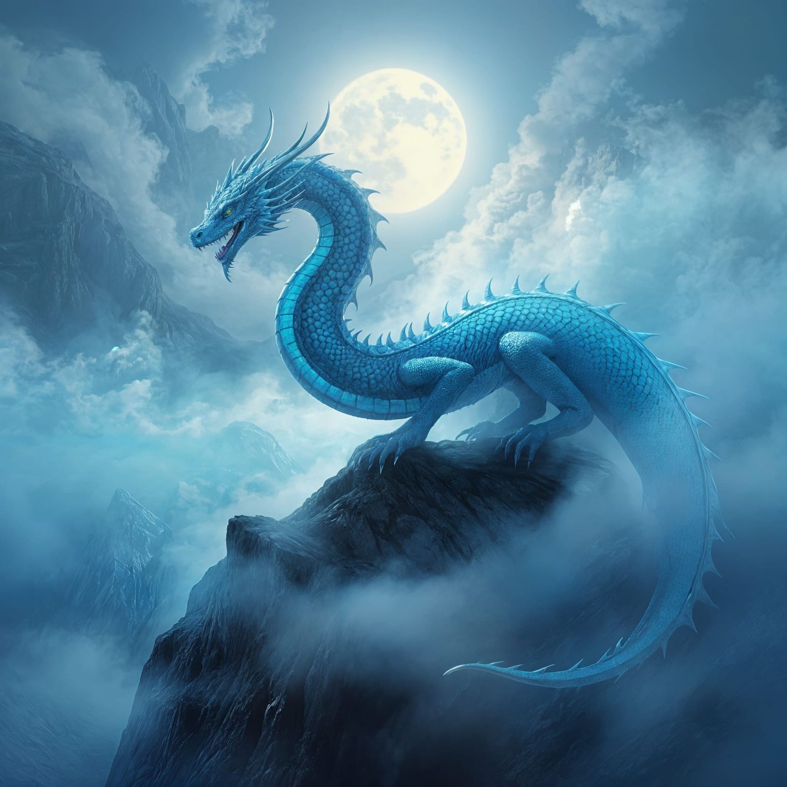 Iridescent Blue Dragon on Foggy Mountain