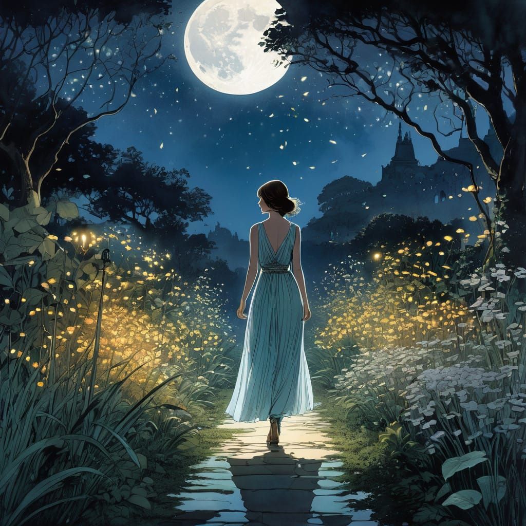 Dreamlike Woman in a Moonlit Garden