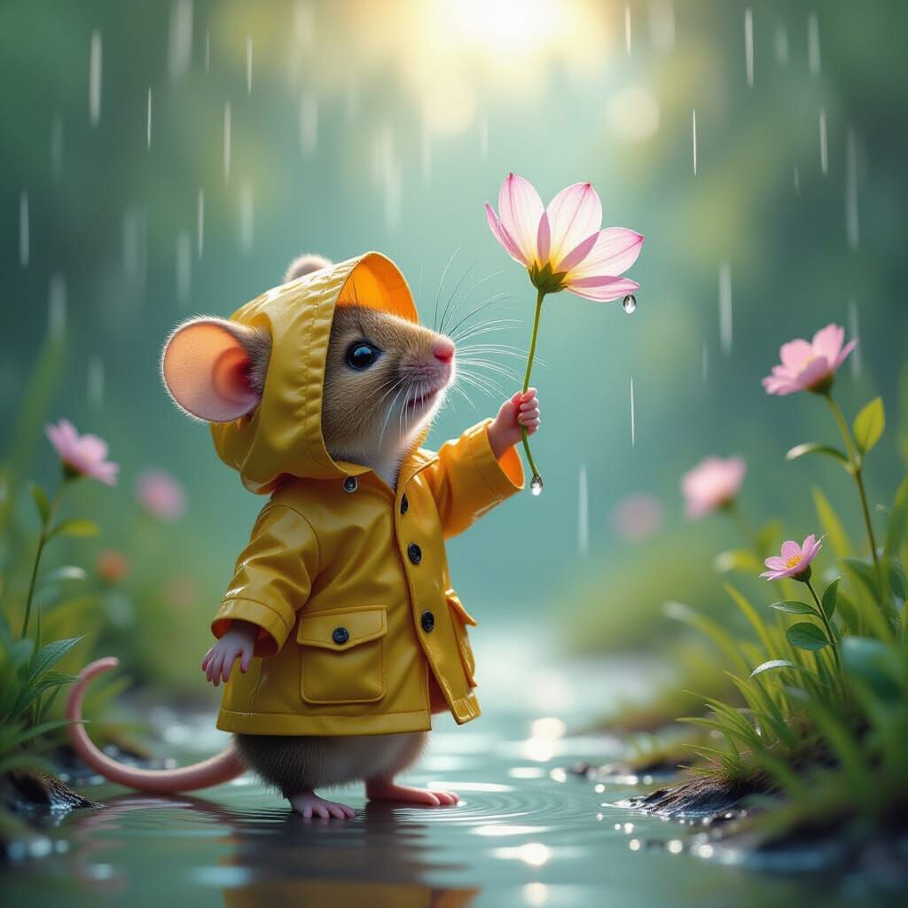 Mouse with Flower Petal Umbrella in Dreamlike Scene