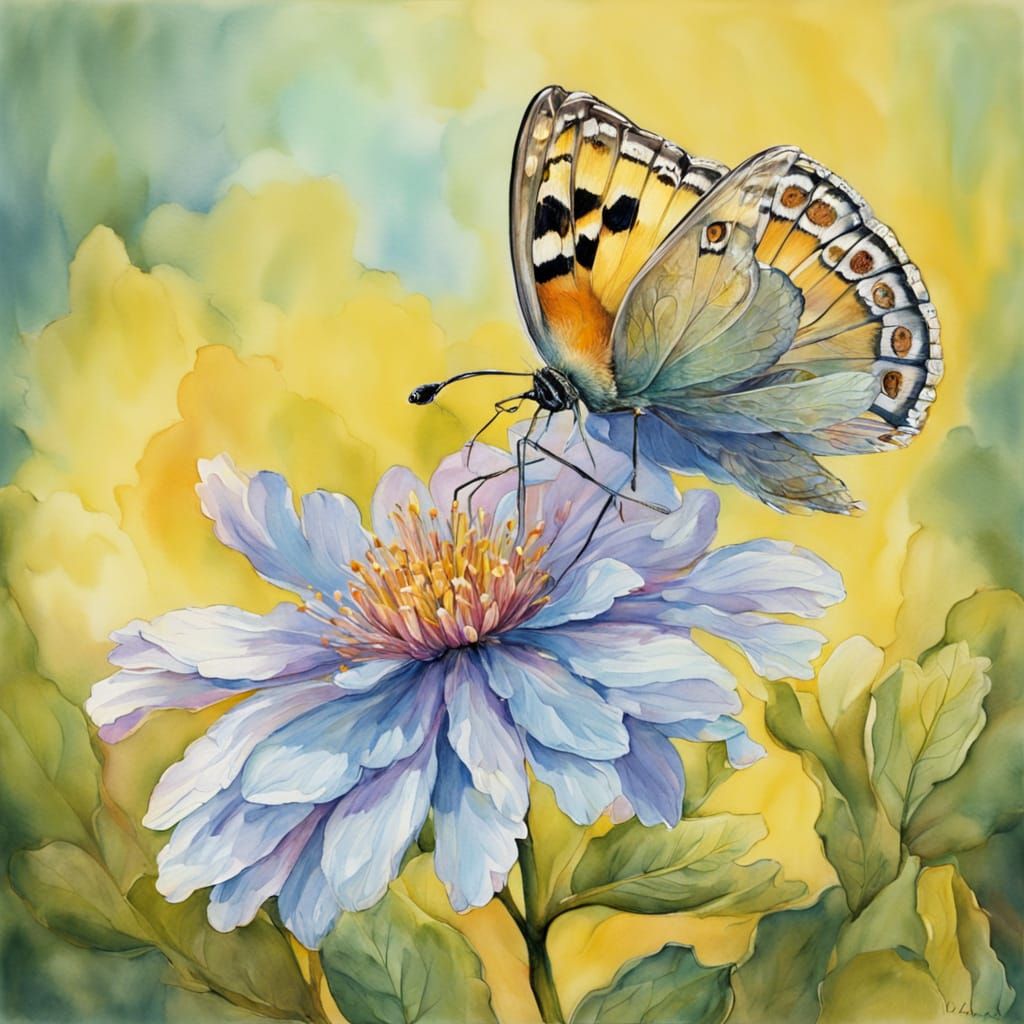 Whimsical Watercolor Butterfly on Flower in Ethereal Light