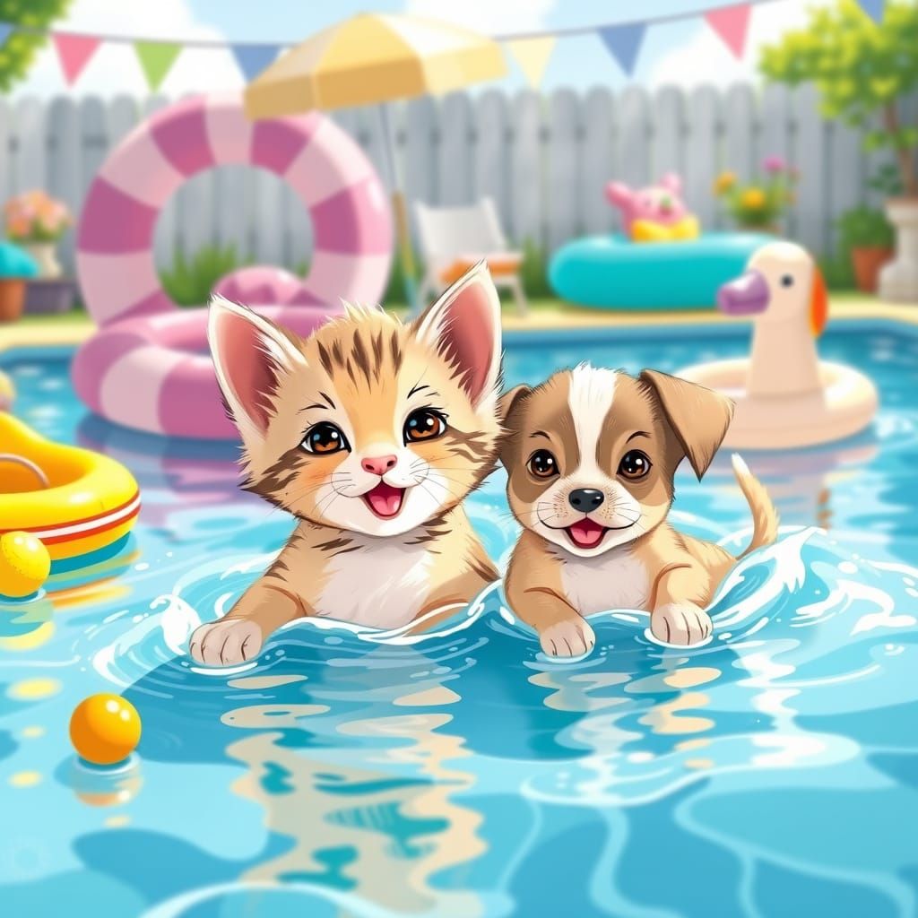Whimsical Backyard Pool Scene with Kitten and Puppy