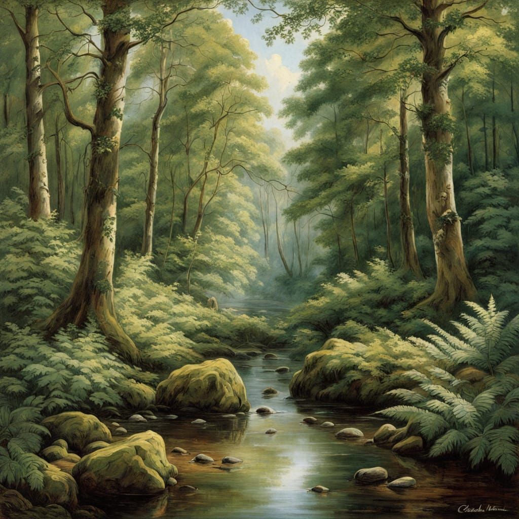 Surreal Landscape in Monet's Dreamy Style, Soft Ferns and Ca...