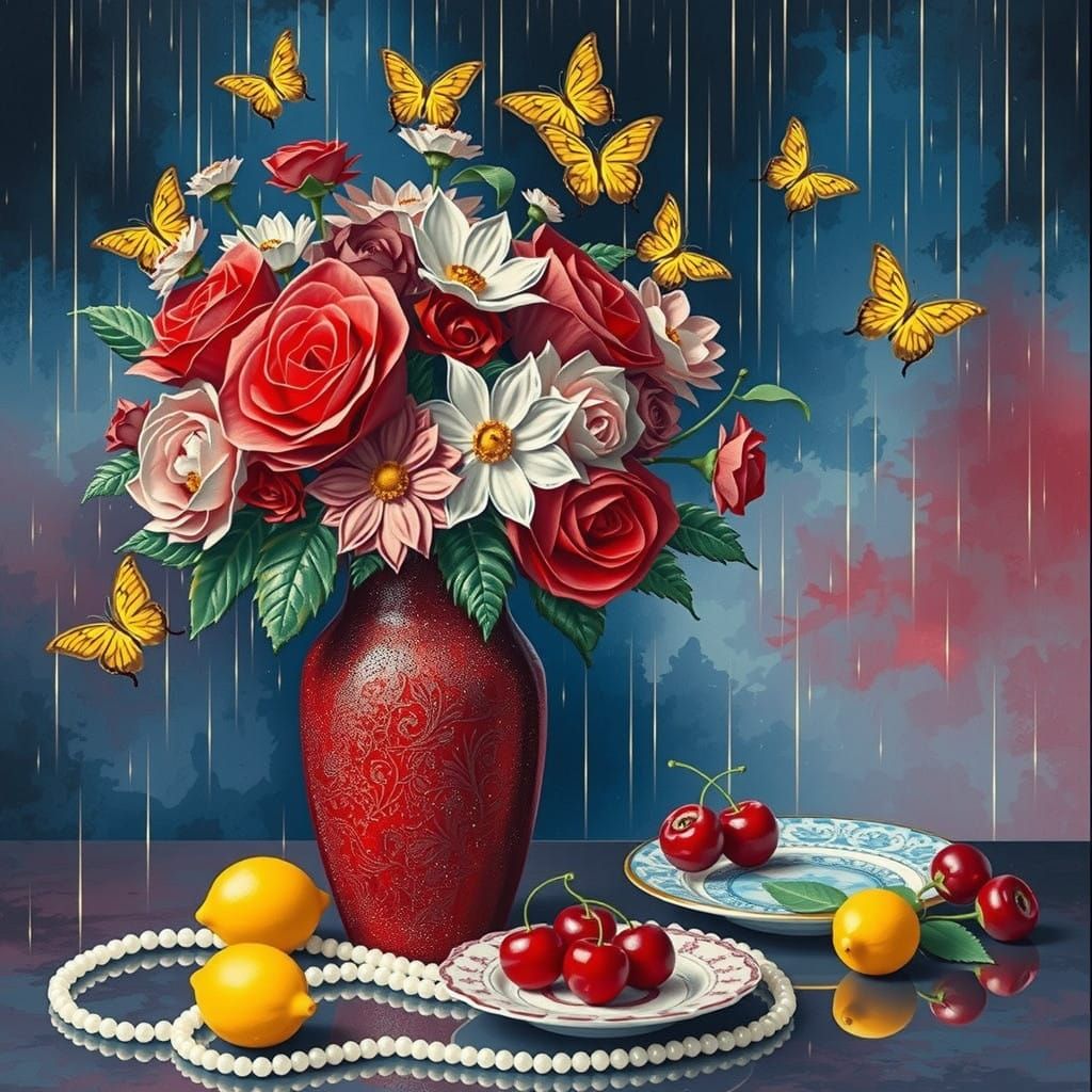 Surreal Quilled Roses and Daisies in a Gilded Vase