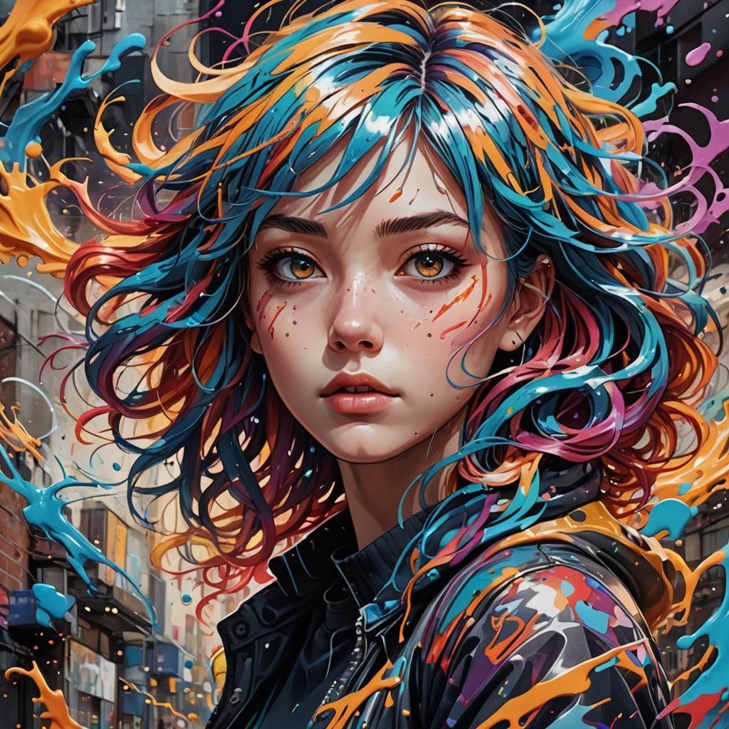 Polychromatic Anime Girl in Melting Graffiti Style